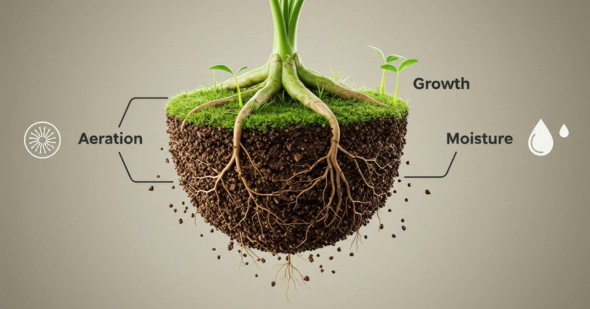 An illustration of a plant with visible roots and soil layers labeled with the words "moisture," "growth," and "aeration."