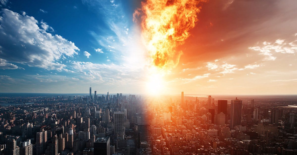 A cityscape with blue skies on one side and red-tinted skies with flames near the sun on the other, symbolizing rising heat.