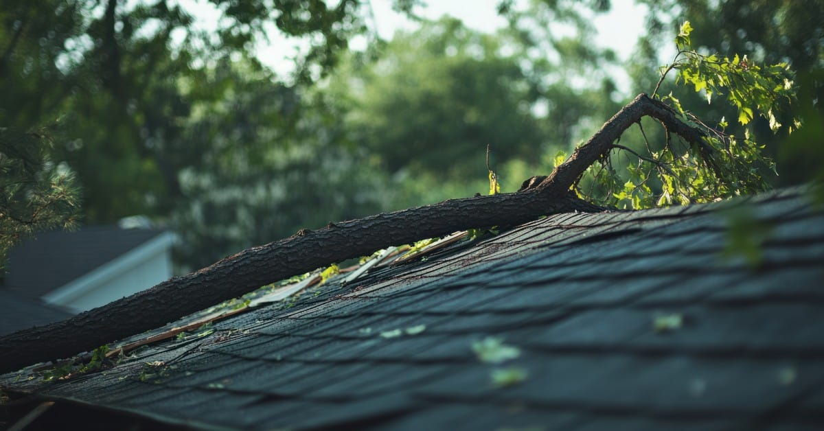 A fallen tree limb rests on a home's roof, minimally damaging the roof shingles, and the sun is shining.