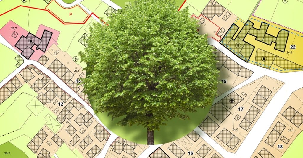 A large green tree is overlaid on a residential site plan map, representing urban planning, land use, and zoning.